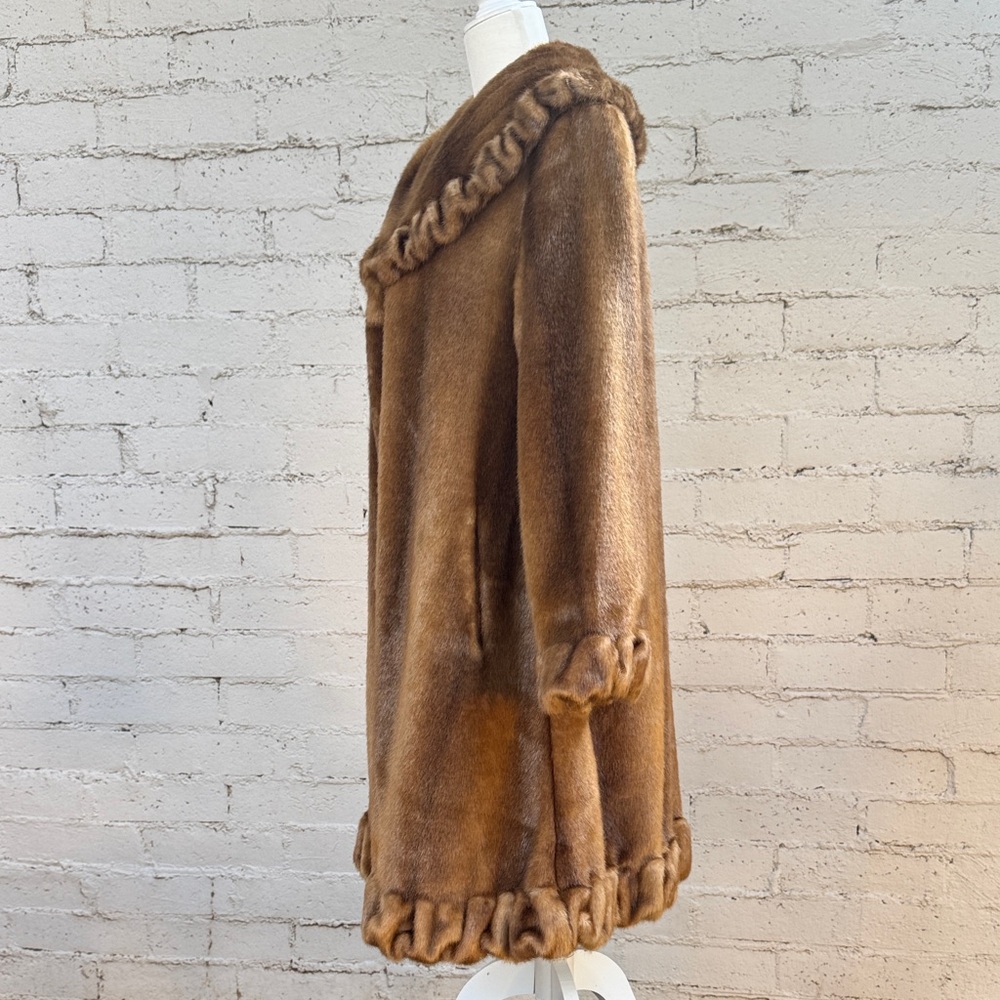 VINTAGE Jones New York Faux Fur Mink Coat Ruffle Trim Size S - Picture 5 of 16
